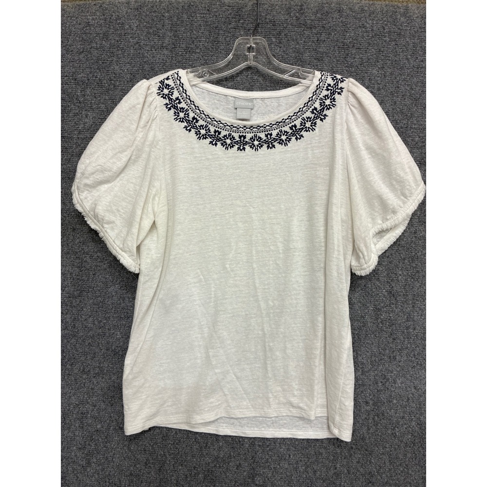 Chicos White Linen Blend Embroidered Puff Sleeve Top Size 0 S Navy Blue Trim